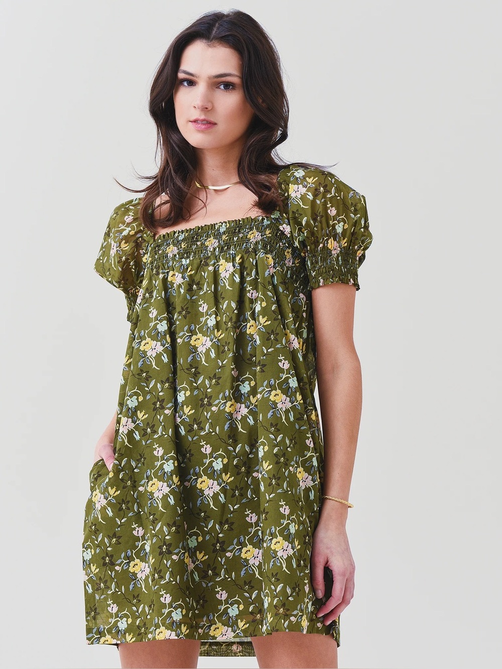 Tory Burch Olive Floral Smocked Mini Dress